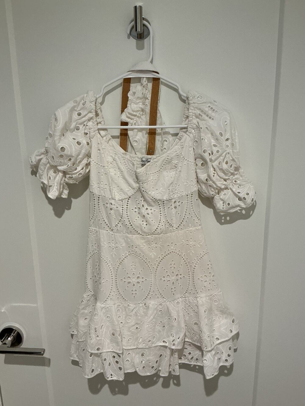 Charo Ruiz Ibiza White Lace Mini Dress Puff Sleeve With Belt And Pouch Size S